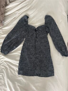 essue Navy Blue Mini Dress with White Dot Print and Puff Sleeves